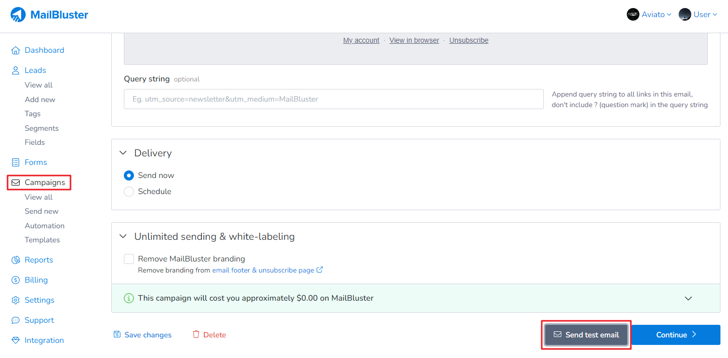 Clicking Send test email