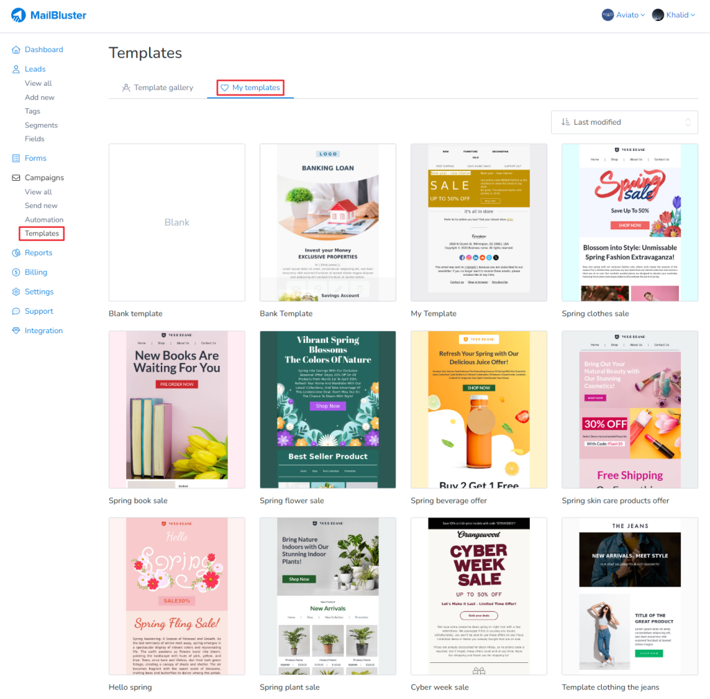 MailBluster custom templates in My templates.