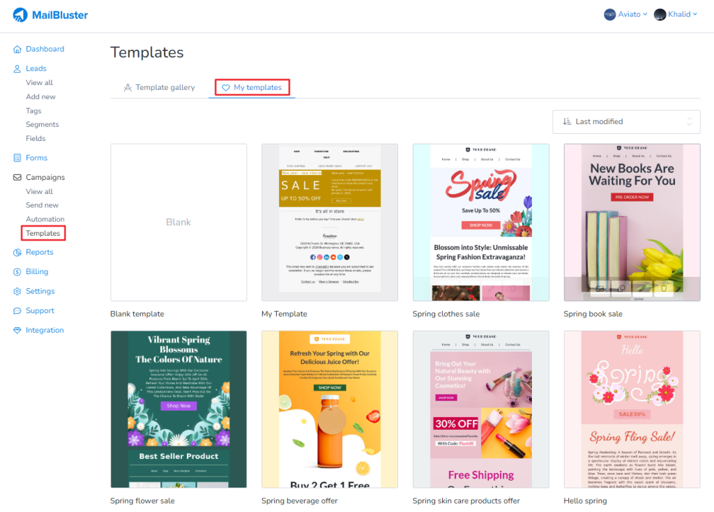 Click on Templates and then My templates to select your own composed template.