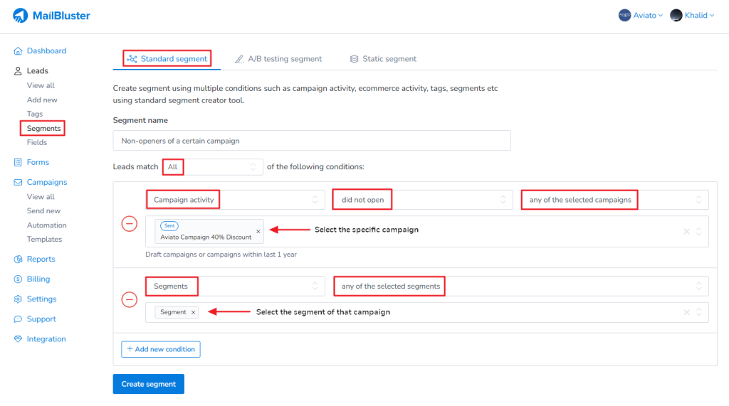 Clicking on standard segment and selecting the following conditions.