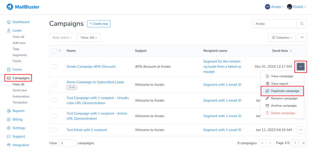 Click on 3-dot ellipses and then Duplicate campaign.