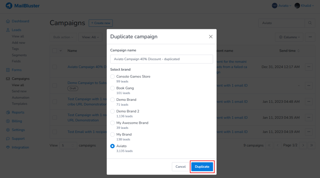 Select the brand for which you want to create the campaign. Click Duplicate.