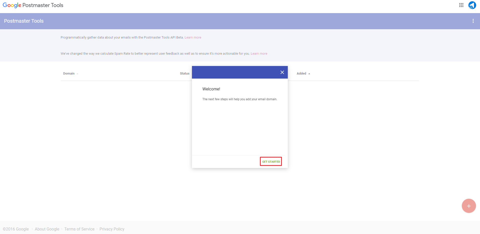 Clicking Get Started in Postmaster Tools