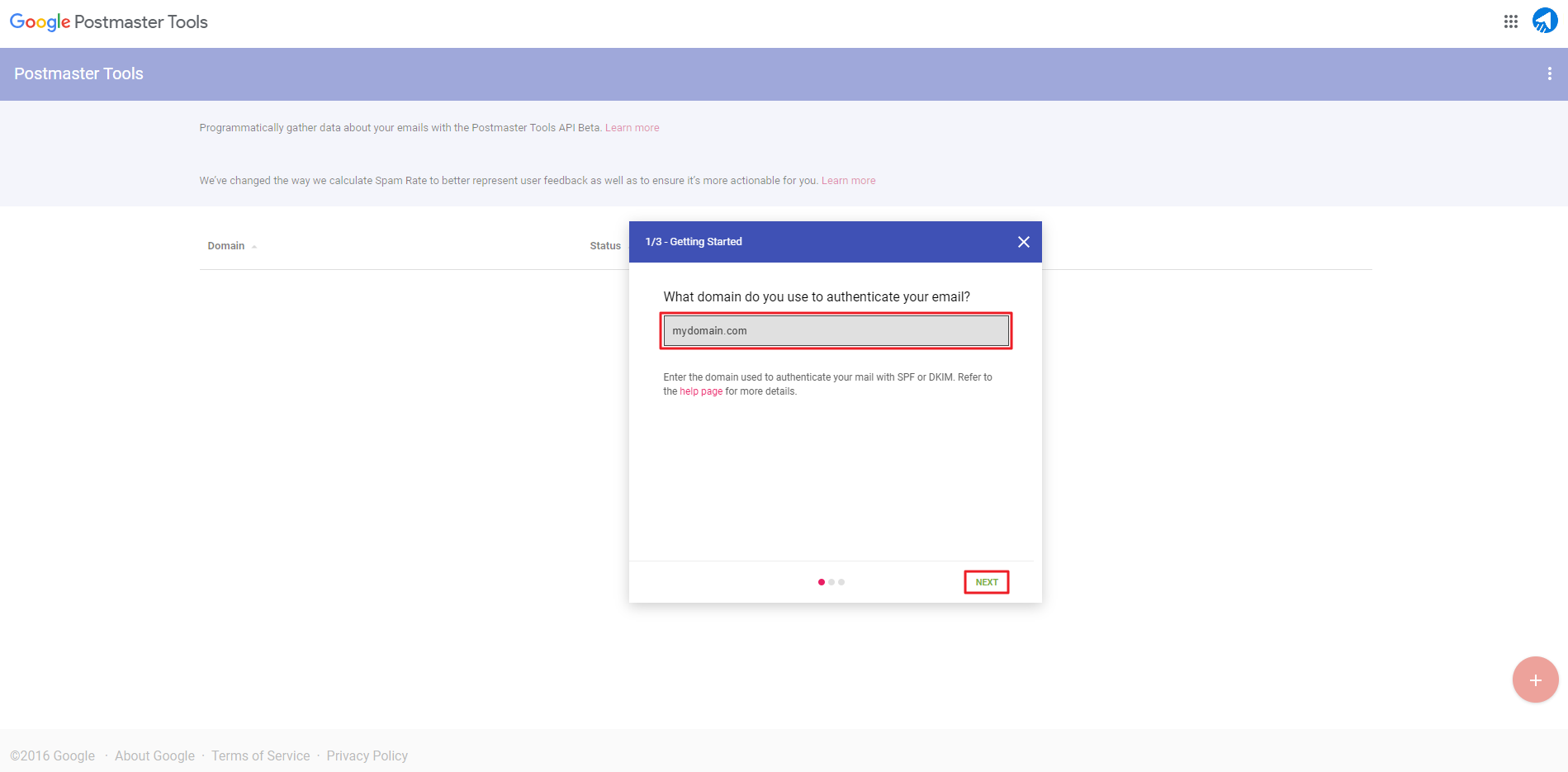 Entering Domain URL and then clicking Next