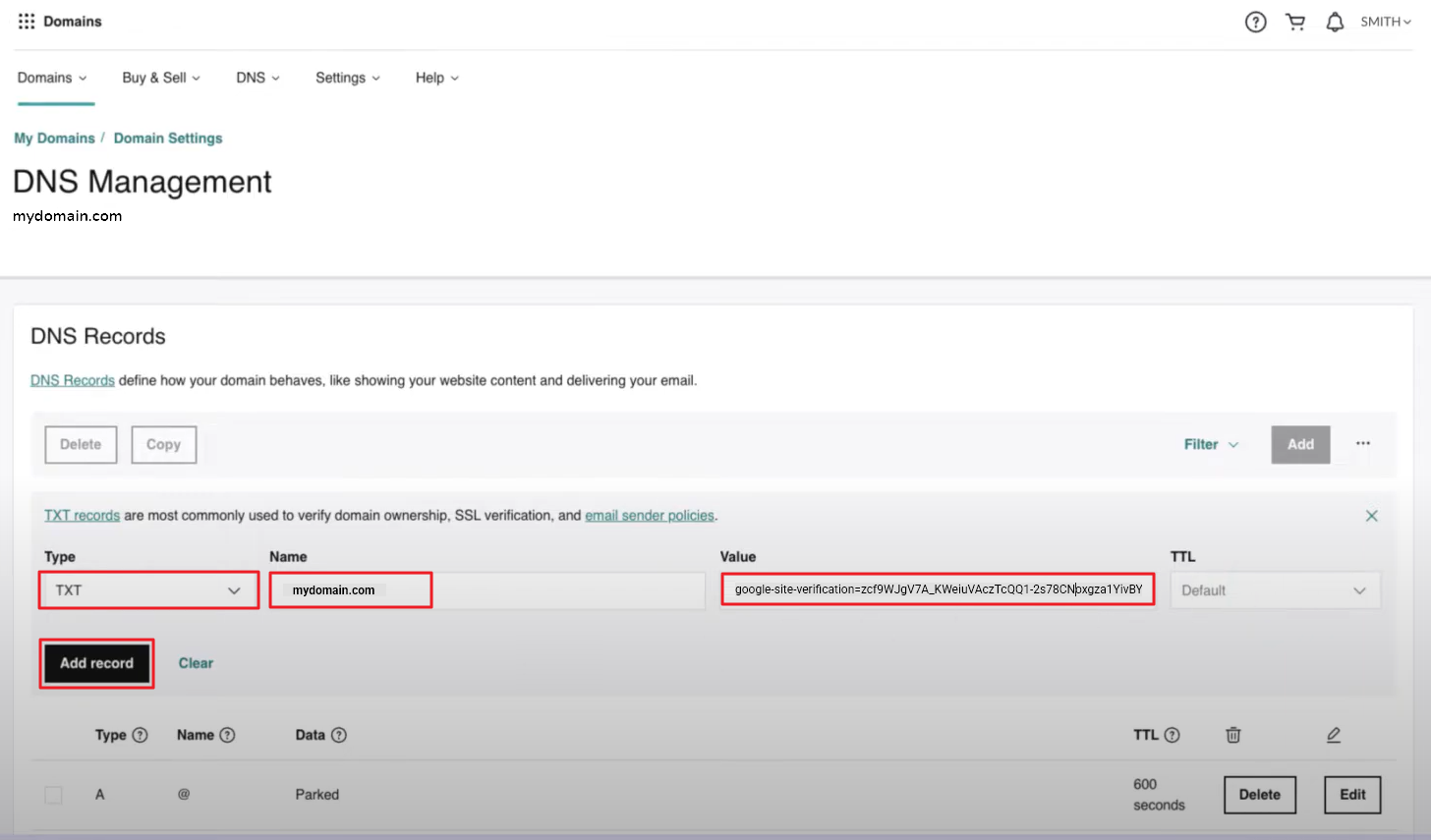 Selecting TXT and setting Domain Name and Value