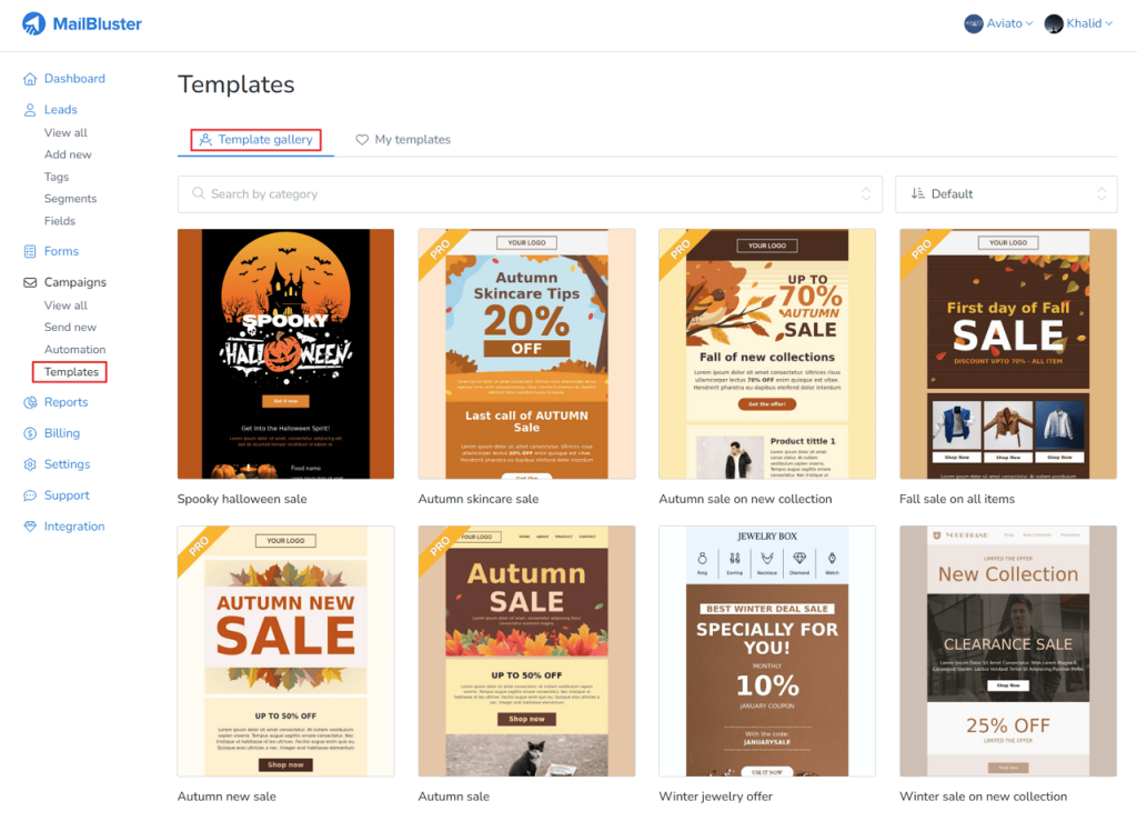 Pro templates can be found under Templates > Template gallery.