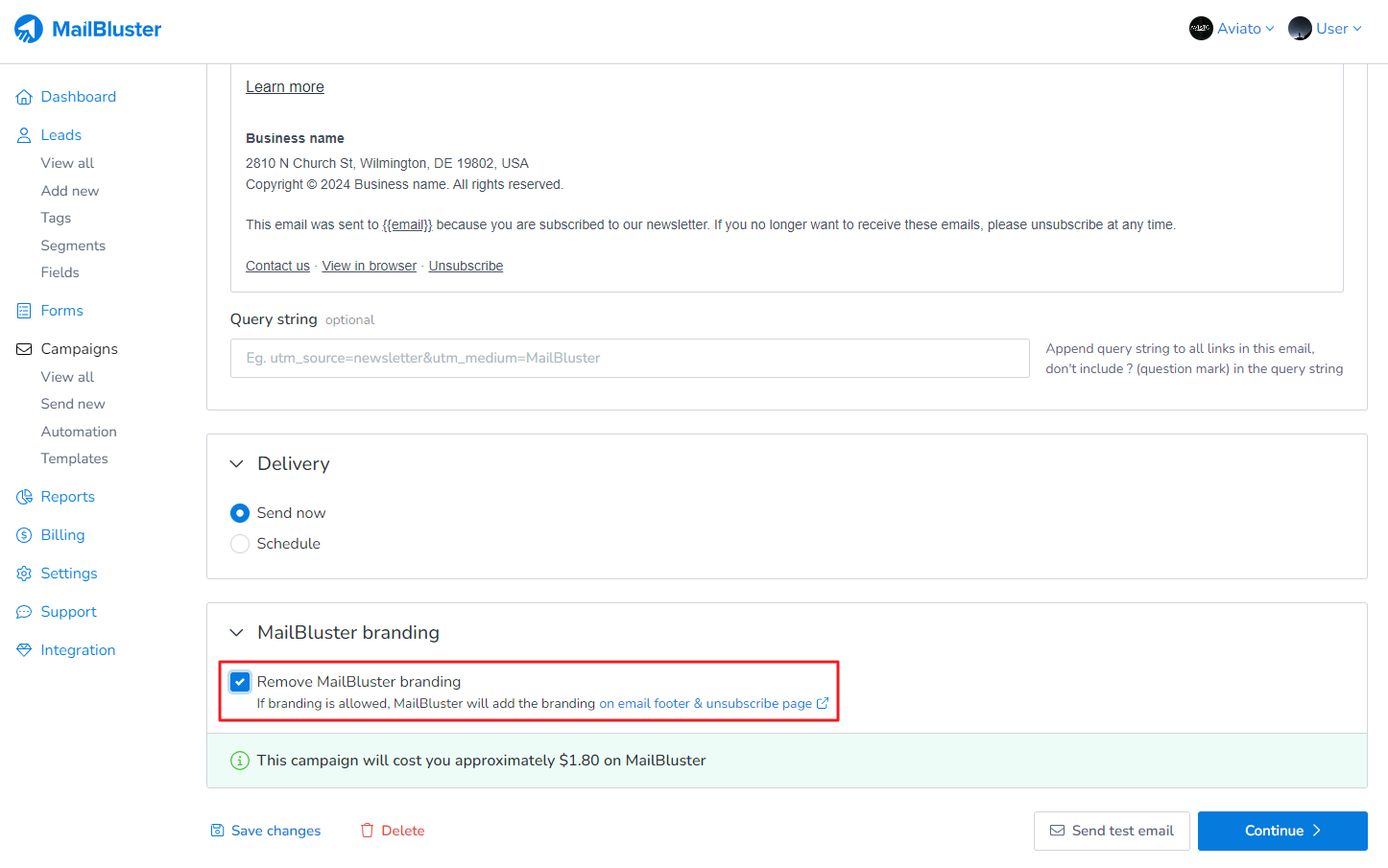 Click on the checkbox to Remove MailBluster branding and move to Pro plan