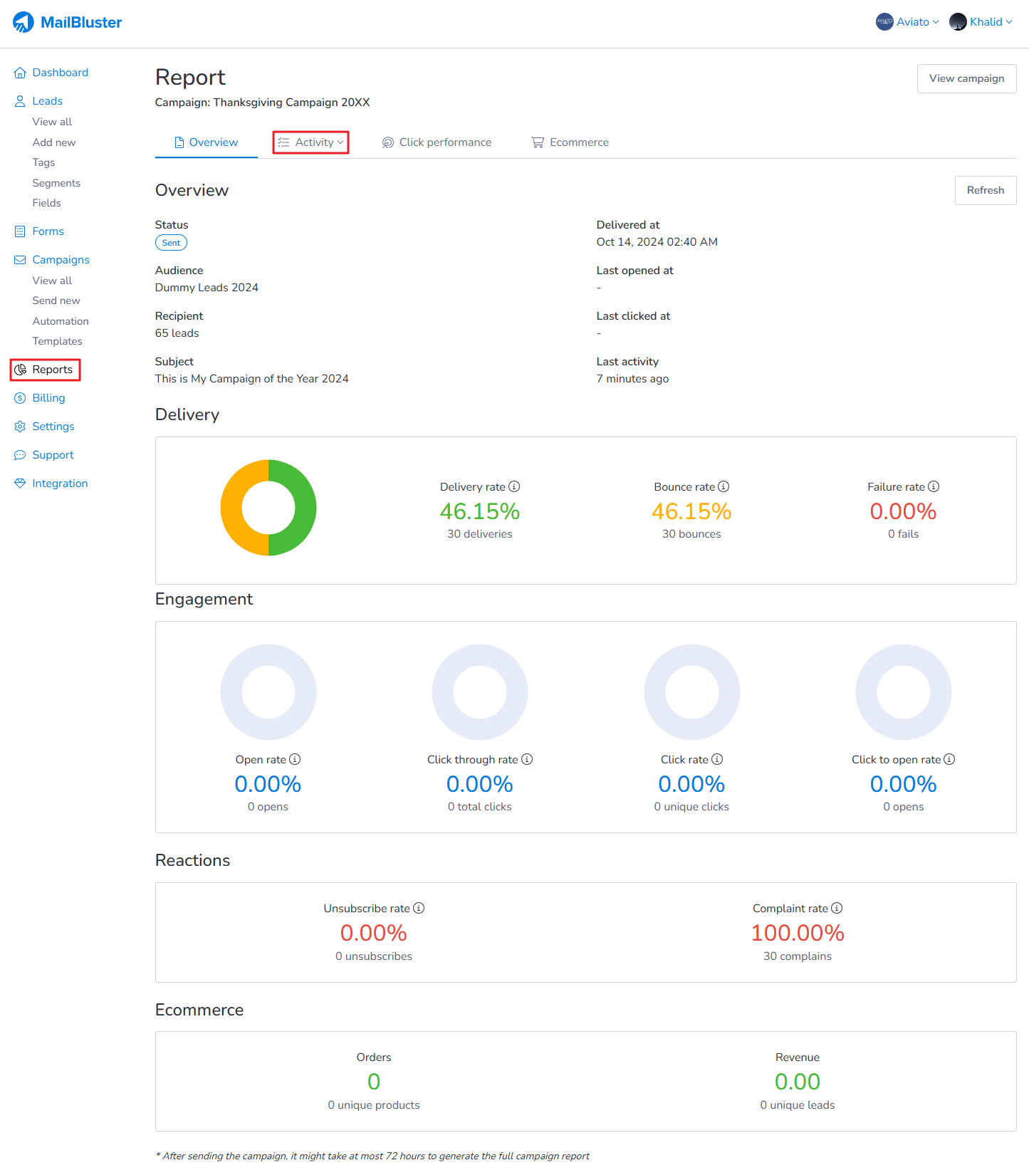 Clicking Activity > Bounced, you will be able to view the detailed bounced lead information including Subscription status, Bounce type and Bounced at.