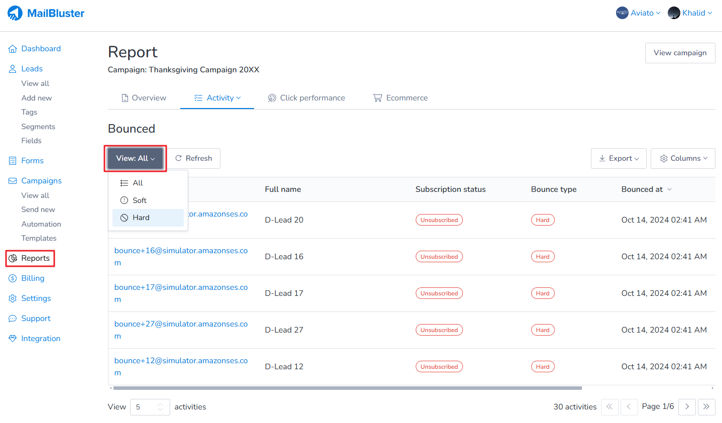 Click on View: All. Using this filter, you can view both hard-bounced and soft-bounced leads from your sent campaign.