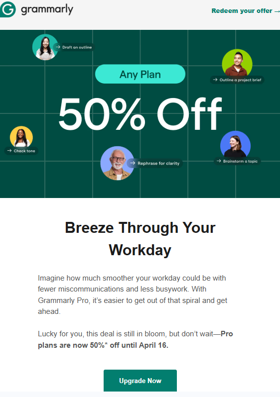 SaaS email CTA example from Grammarly