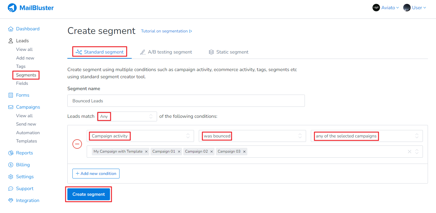 Create the standard segment for Bounced leads using the following conditions. Then click Create segment.