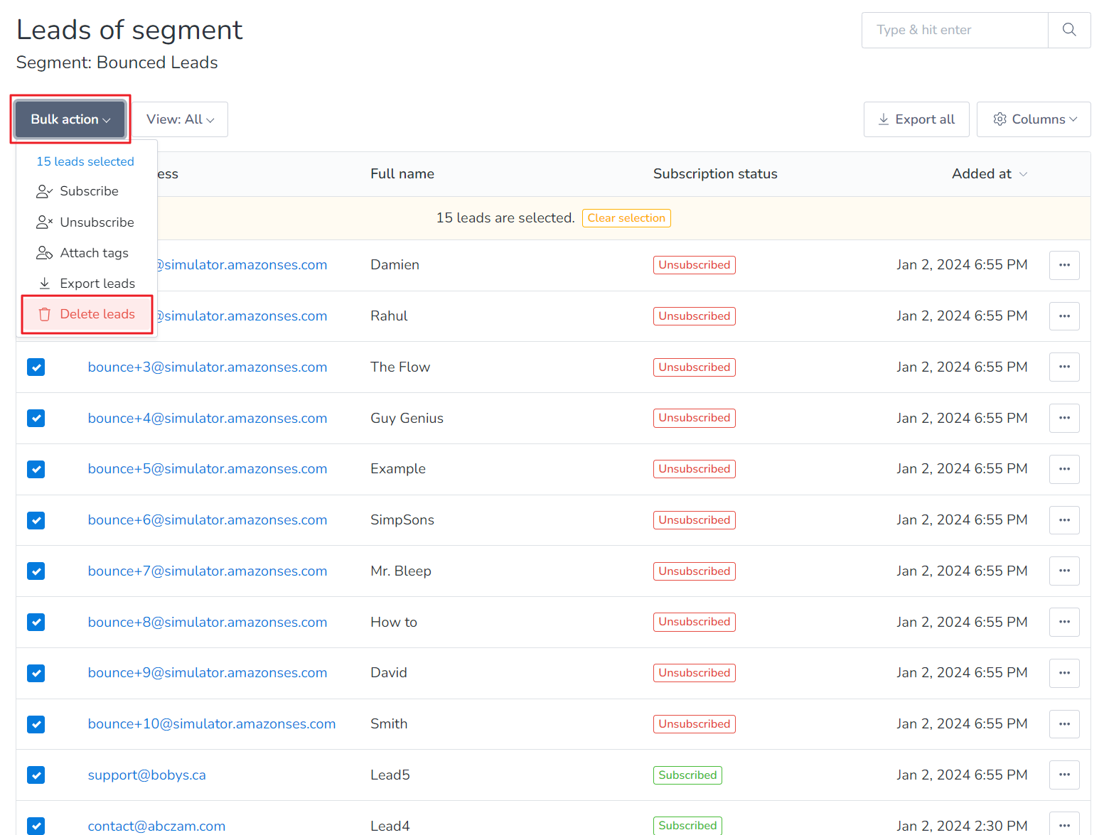 Click on Bulk action and then select Delete leads.
