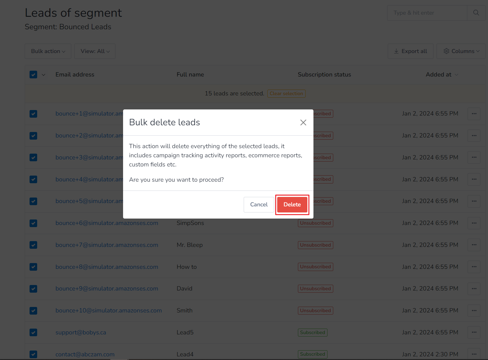 A confirmation dialogue box will appear. Click Delete. All the bounced leads will now be permanently deleted from the entire segment.