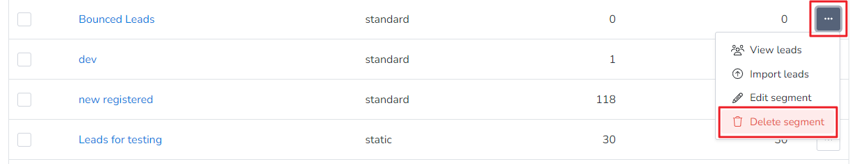 Now click on the highlighted check box and then Delete segment to remove the segment name Bounced Leads from MailBluster.