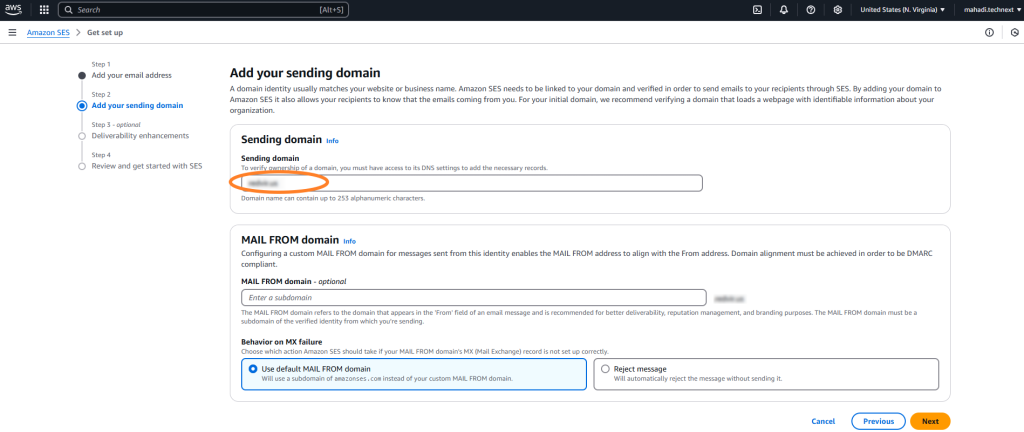 Add sending domain on AWS SES