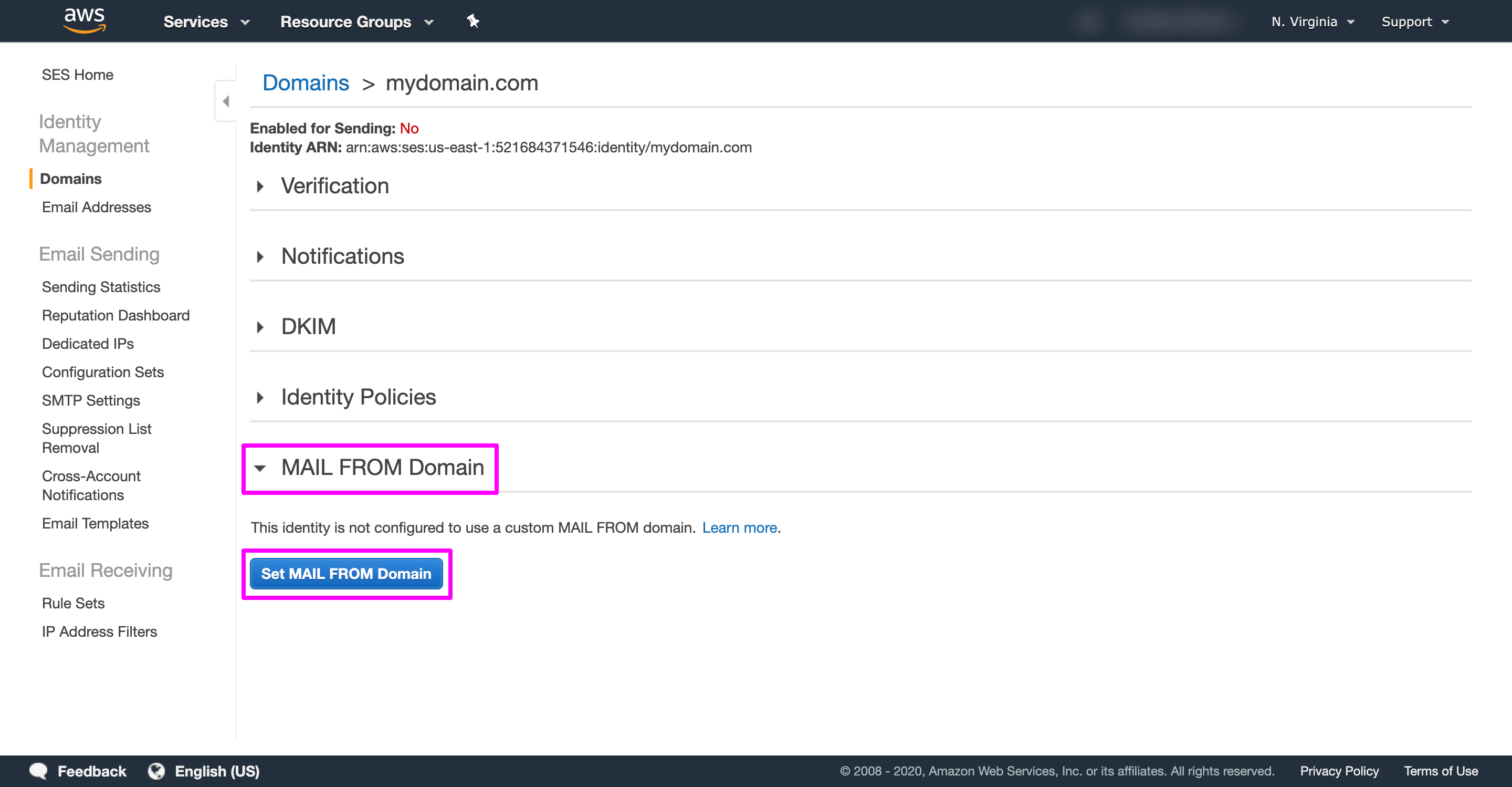 Under MAIL FROM Domain in Amazon SES console, clicking Set MAIL FROM Domain button.