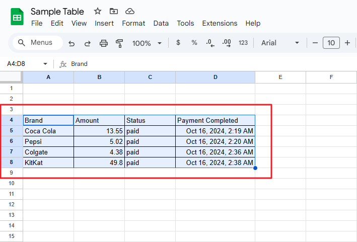 Highlight the entire table.