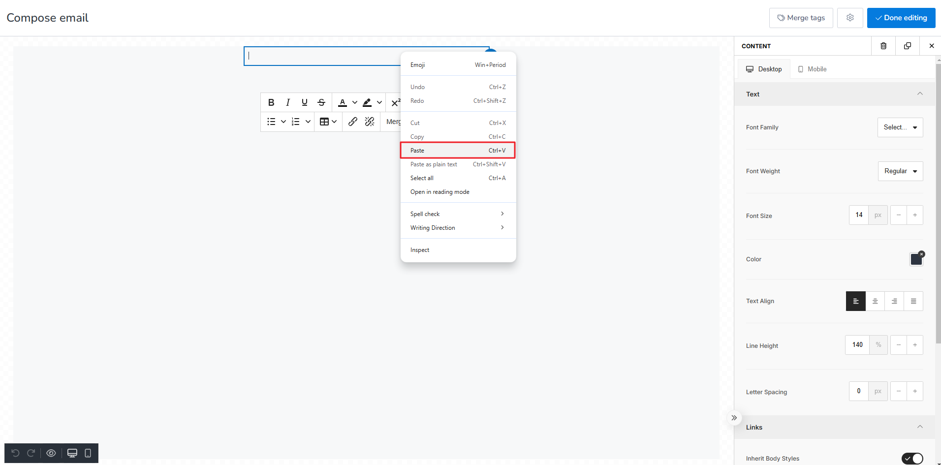 Go to Compose email and Paste the table.