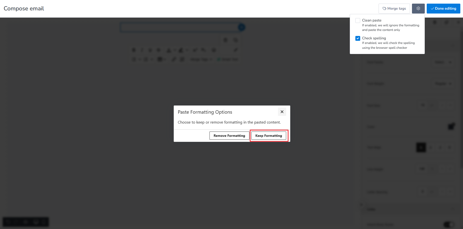 A popup dialogue box: Paste Formatting Options will appear. Click on Keep Formatting.