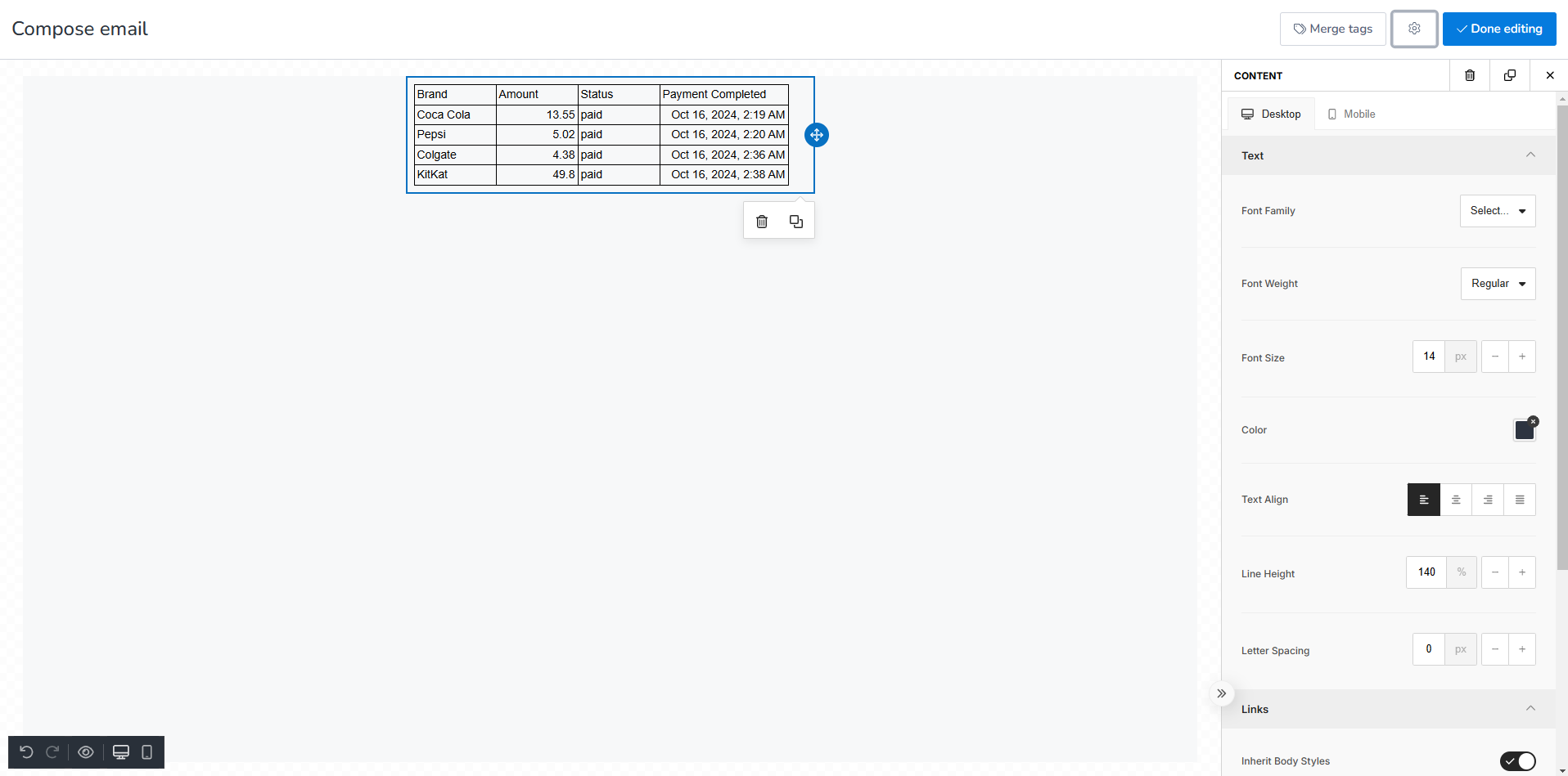 Then your table from Google Sheet will appear on the Compose email.