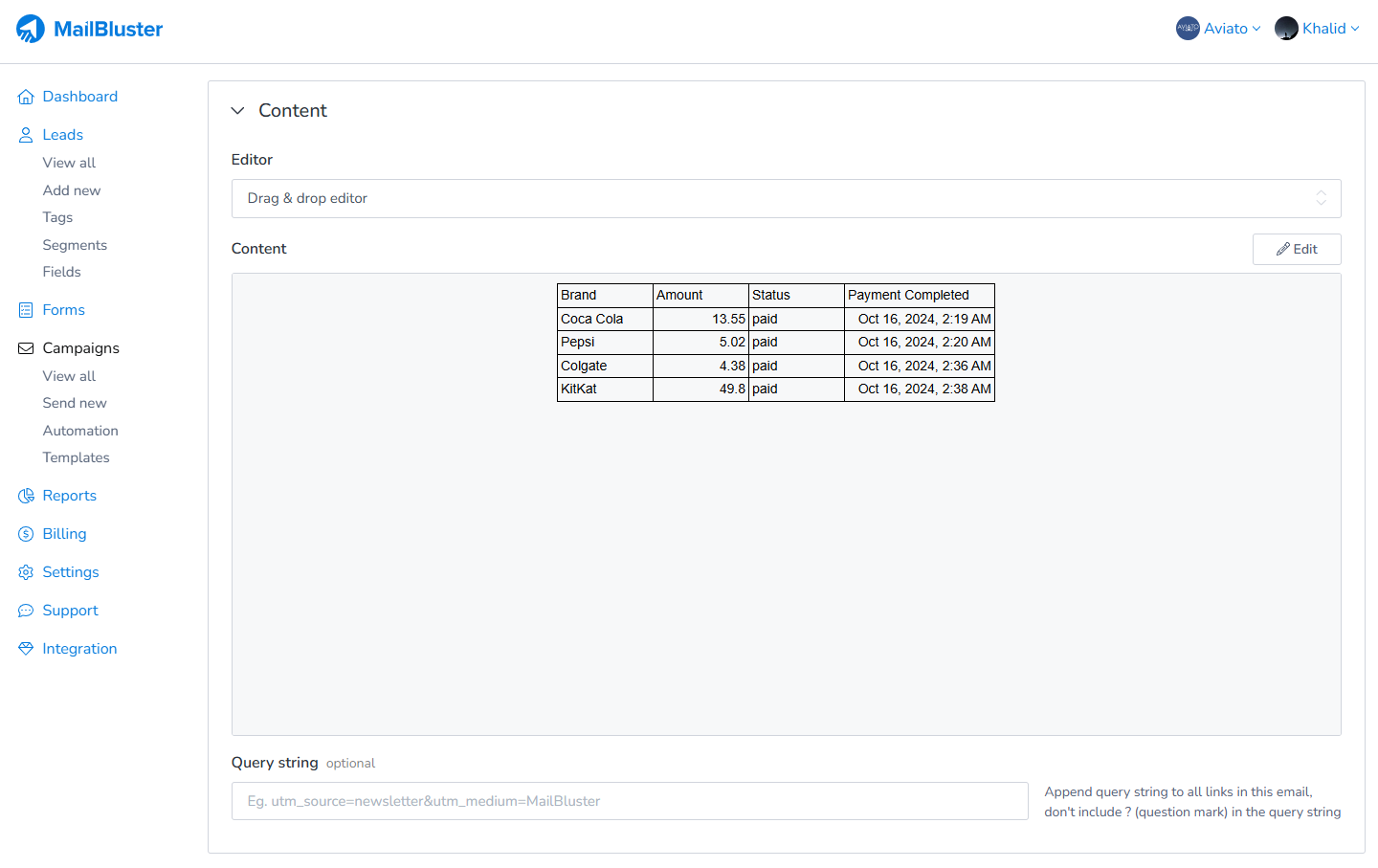 After clicking Done editing, you will see the table inside the Content.