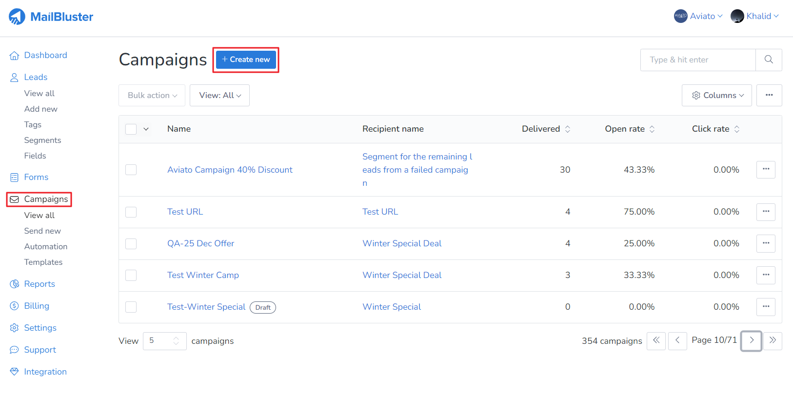 After creating template, go to Campaigns, then click on Create new.