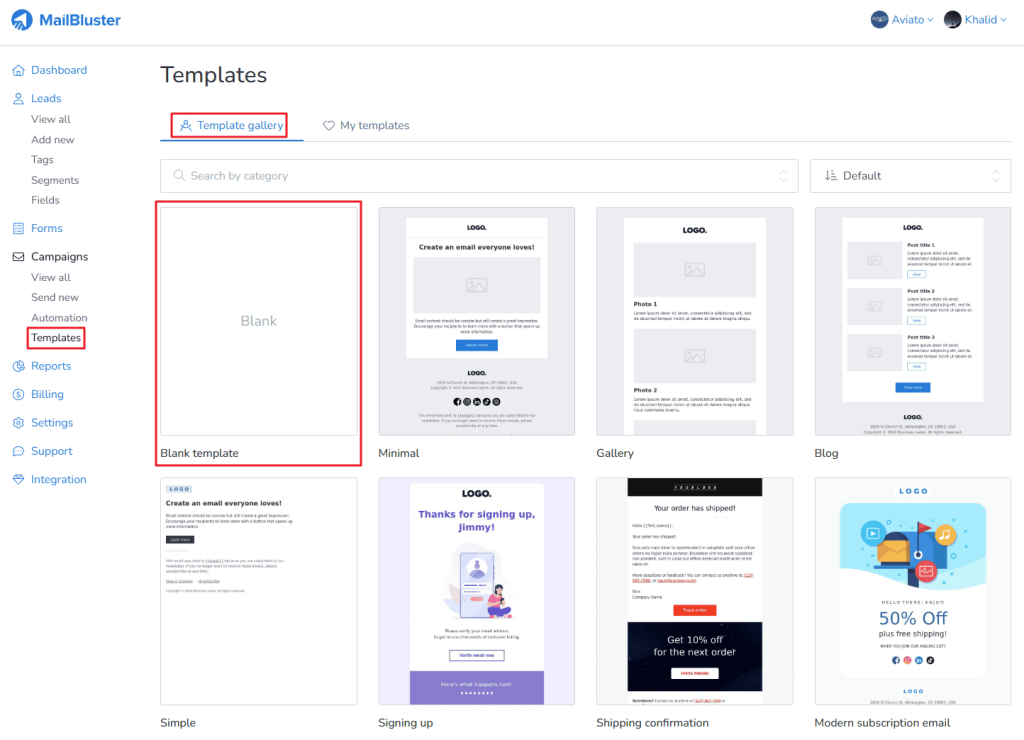 Clicking on Blank template under Template gallery.