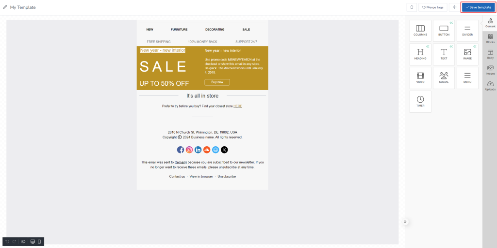 Clicking on Save template.