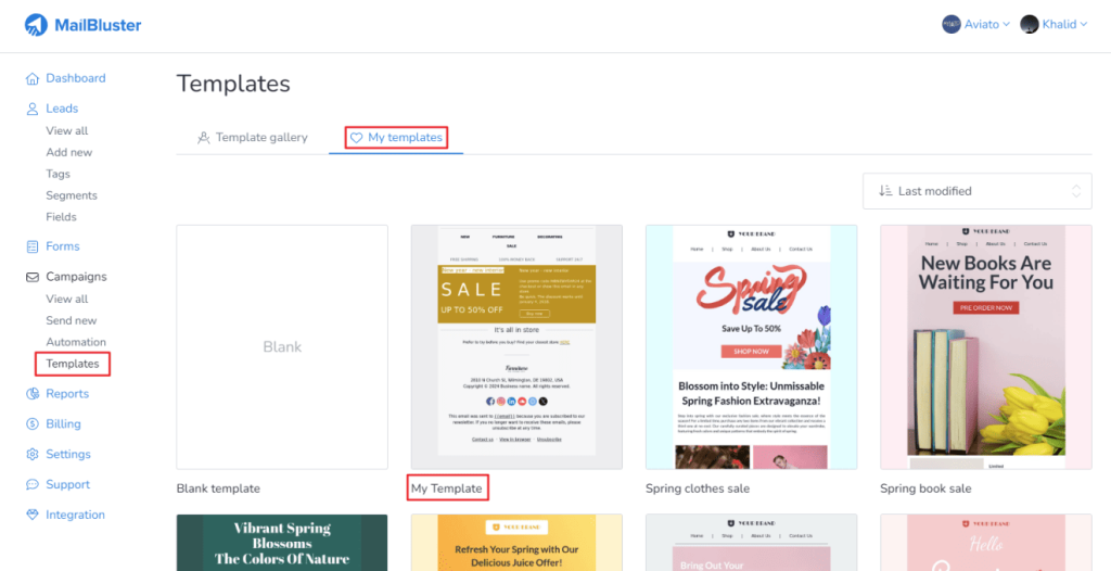 Clicking on My templates tab.