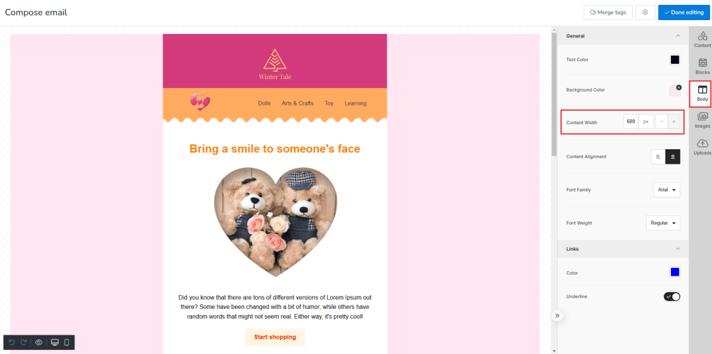 Enlarging template body content.