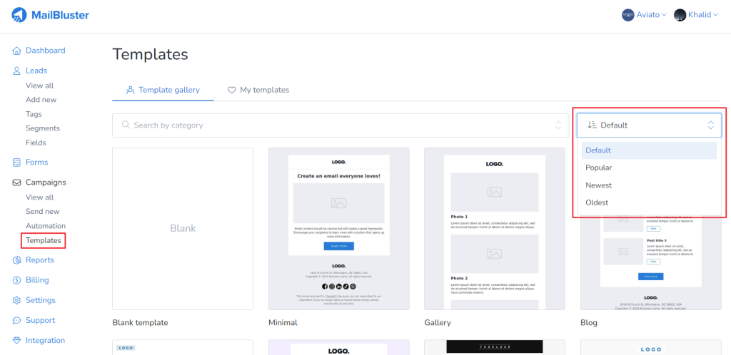 You can also sort the templates by popularity, newest, and oldest.