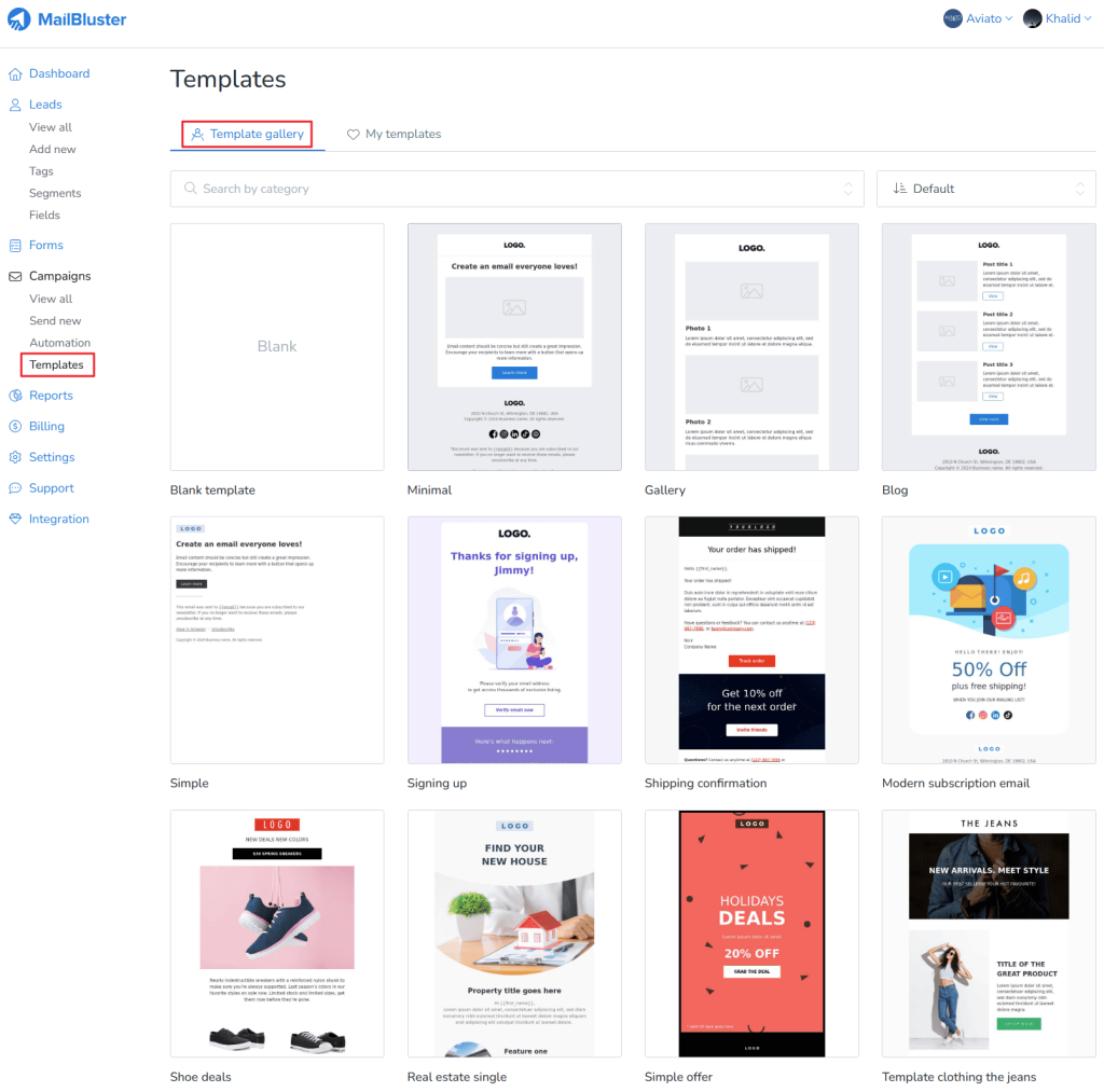 You’ll find a great collection of ready-to-use email templates in MailBluster under Brand > Templates.