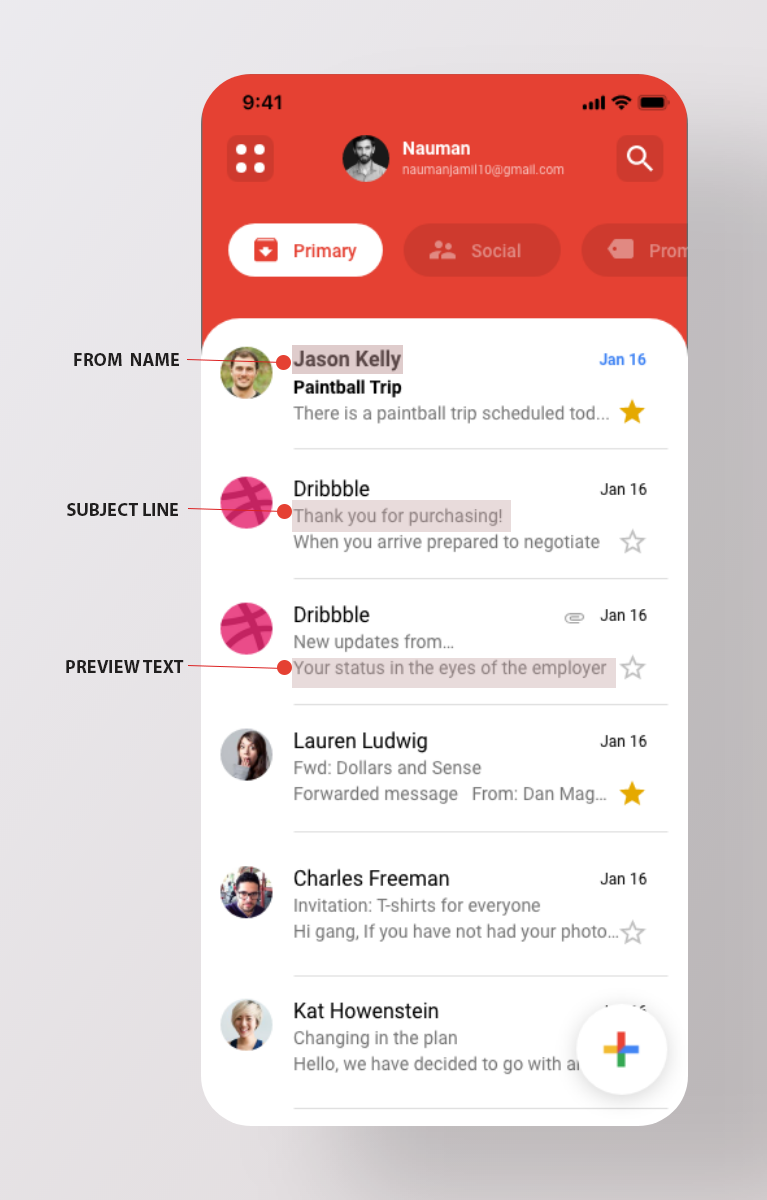 Email sender name, subject line, and preview text in an inbox.