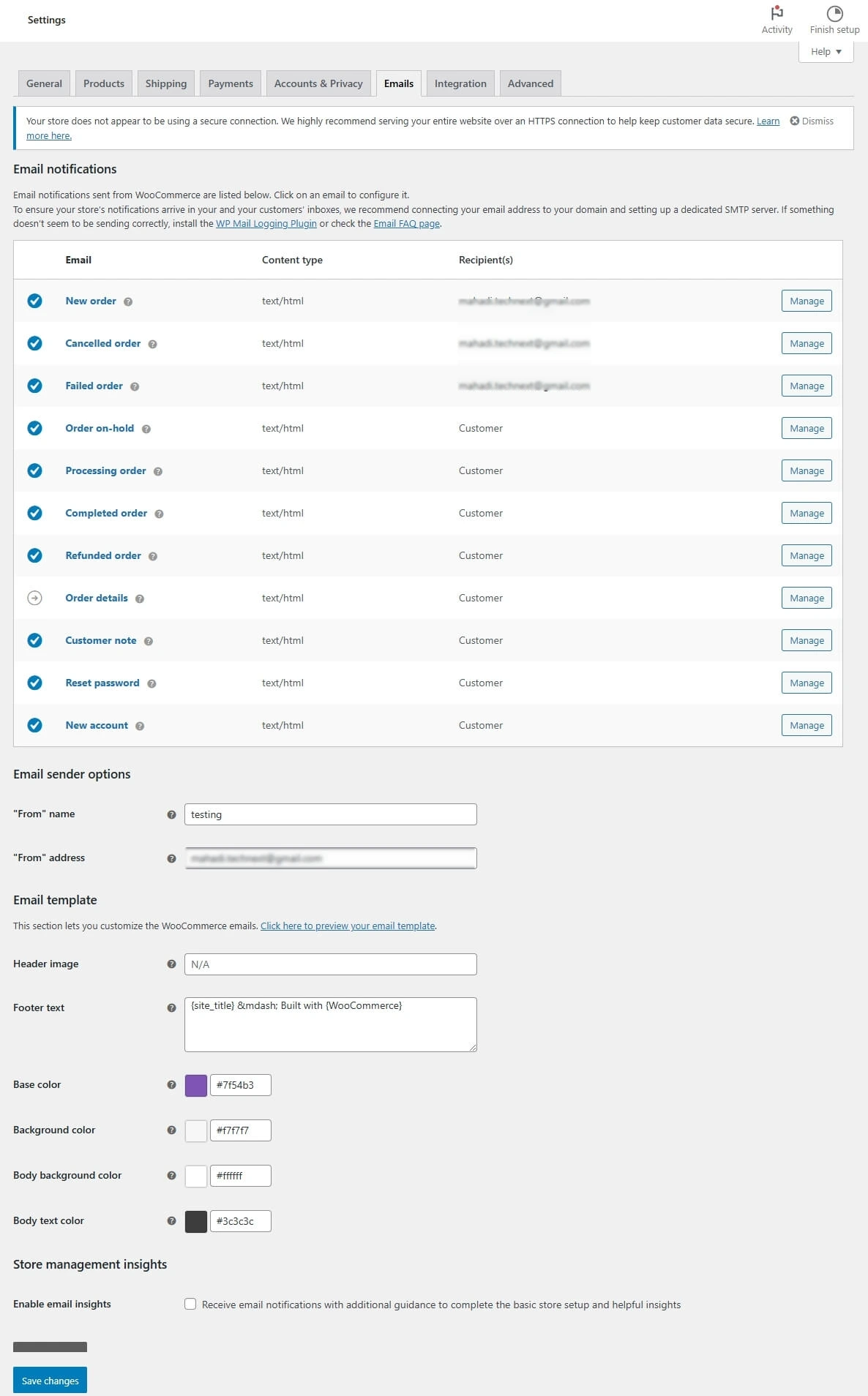 WooCommerce plugin's Email section